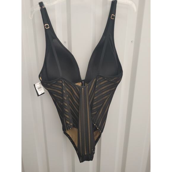 Bar III Swimsuit One Piece Artisan Crochet Plunging Black Nude Tan Large NWT - Picture 6 of 8